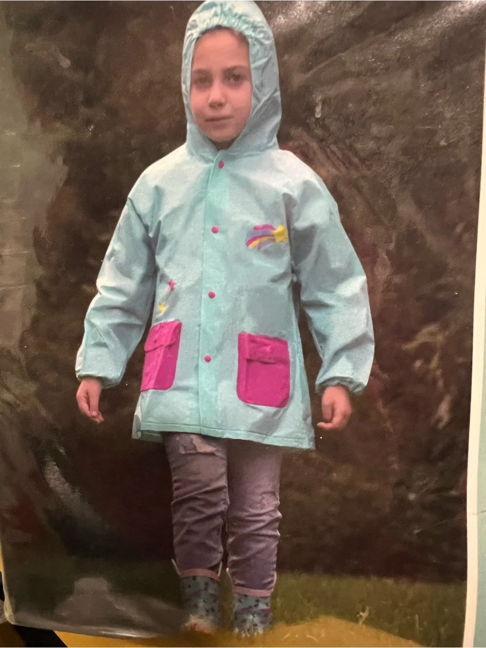Milly of New York Light Blue Kids Hooded Rain Jacket w Pink Pockets, Unicorns, M